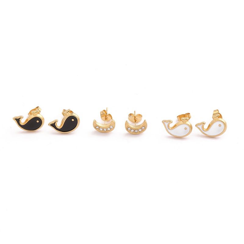 1 Pair Cute Moon Whale Enamel Plating Inlay Stainless Steel Zircon 18K Gold Plated Ear Studs display picture 7