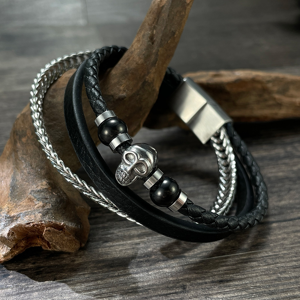 Hip-Hop Skull Stainless Steel Pu Leather Braid Artificial Leather Men's Bangle display picture 2