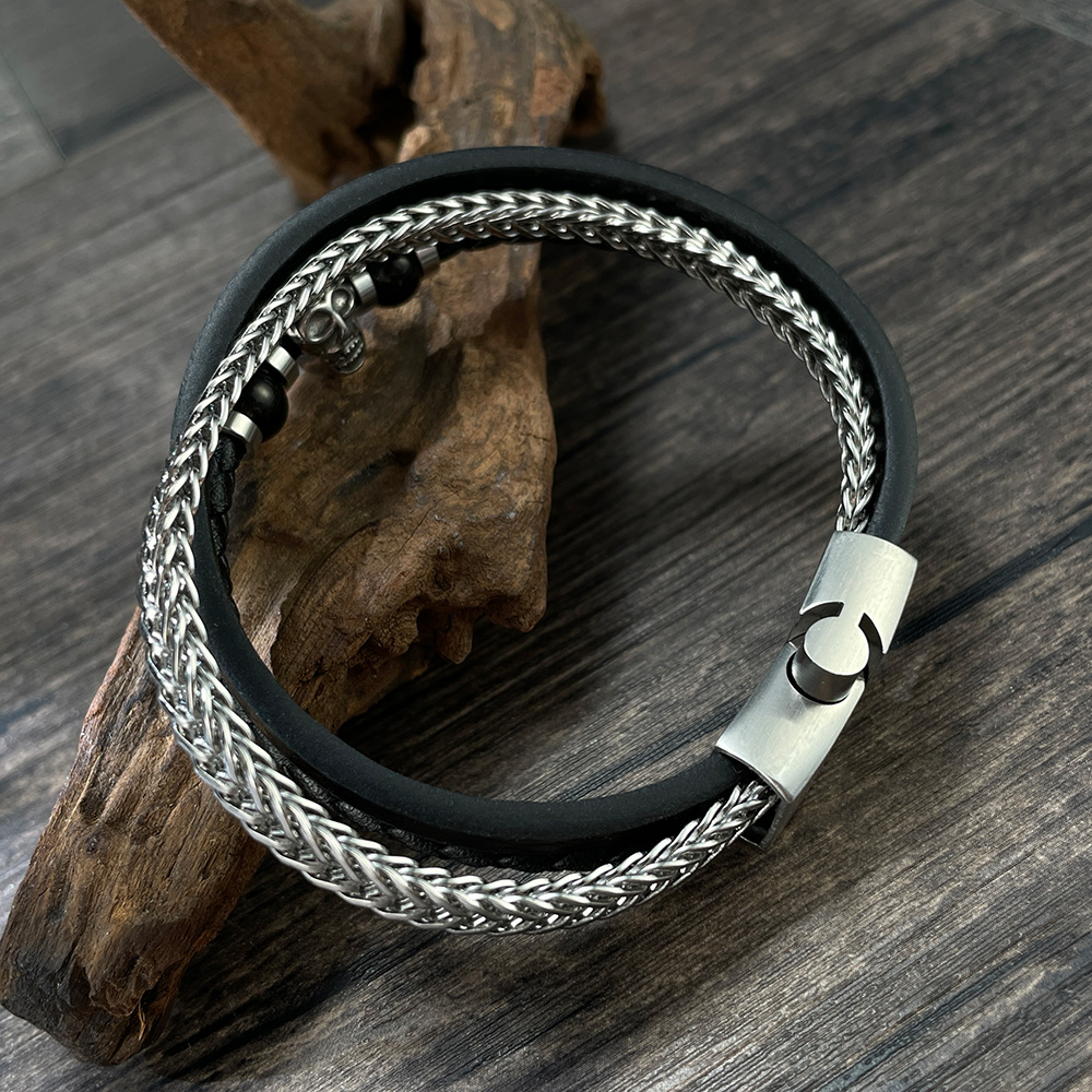 Hip-Hop Skull Stainless Steel Pu Leather Braid Artificial Leather Men's Bangle display picture 3