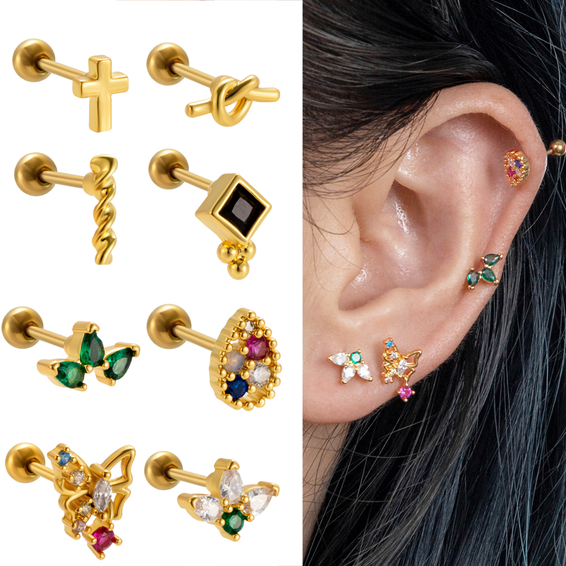 1 Piece Ear Cartilage Rings & Studs Vintage Style French Style Simple Style Cross Water Droplets Butterfly 316 Stainless Steel  Copper Plating Inlay Zircon display picture 22