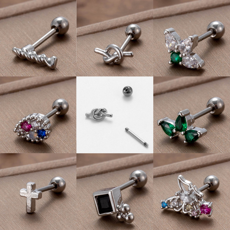 1 Piece Ear Cartilage Rings & Studs Vintage Style French Style Simple Style Cross Water Droplets Butterfly 316 Stainless Steel  Copper Plating Inlay Zircon display picture 19