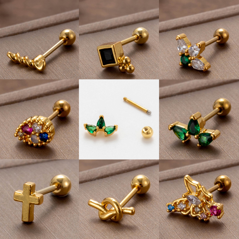1 Piece Ear Cartilage Rings & Studs Vintage Style French Style Simple Style Cross Water Droplets Butterfly 316 Stainless Steel  Copper Plating Inlay Zircon display picture 20