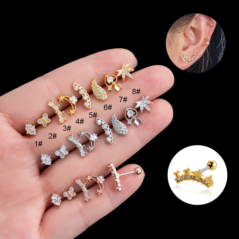 1 Piece Ear Cartilage Rings & Studs Vintage Style French Style Simple Style Star Wings Butterfly 316 Stainless Steel  Copper Plating Inlay Zircon display picture 25