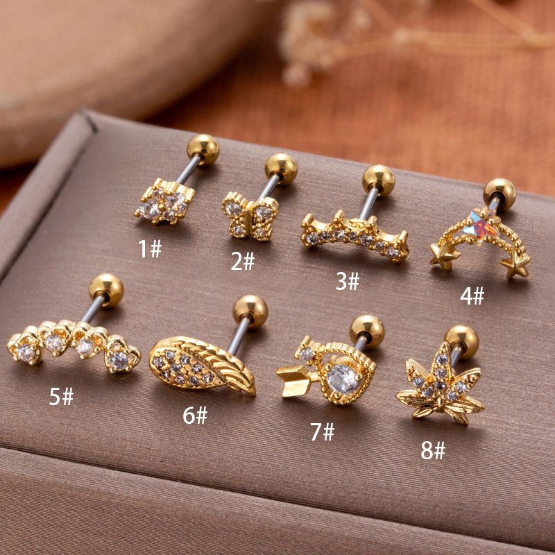1 Piece Ear Cartilage Rings & Studs Vintage Style French Style Simple Style Star Wings Butterfly 316 Stainless Steel  Copper Plating Inlay Zircon display picture 29