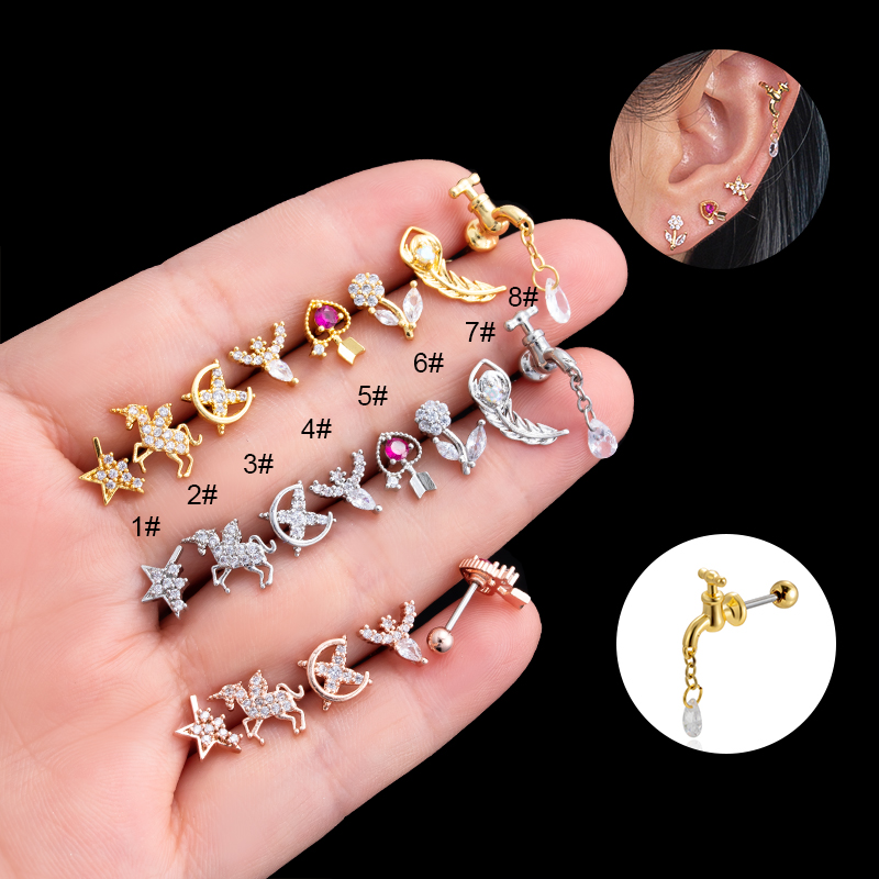 1 Piece Ear Cartilage Rings & Studs Vintage Style French Style Simple Style Pentagram Heart Shape Horse 316 Stainless Steel  Copper Plating Inlay Zircon display picture 25