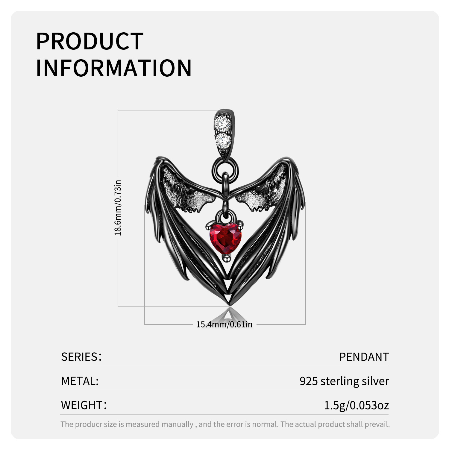 Punk Heart Shape Wings Sterling Silver Plating Inlay Artificial Gemstones Charms Necklace display picture 3