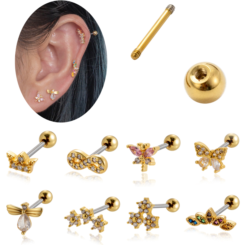 1 Piece Ear Cartilage Rings & Studs Vintage Style French Style Simple Style Crown Flower Butterfly 316 Stainless Steel  Copper Plating Inlay Zircon display picture 26