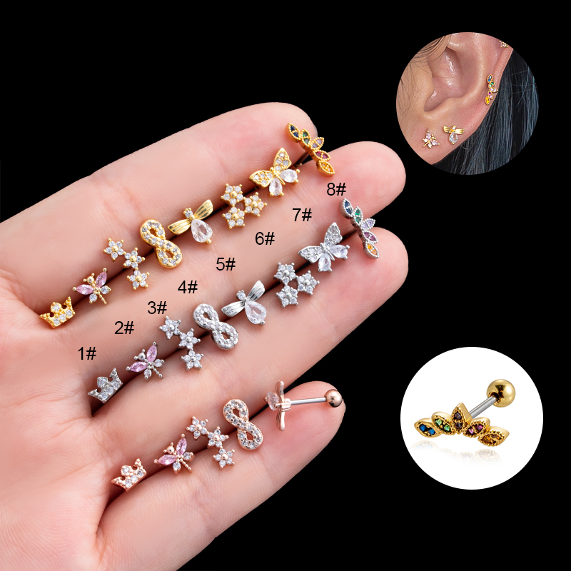1 Piece Ear Cartilage Rings & Studs Vintage Style French Style Simple Style Crown Flower Butterfly 316 Stainless Steel  Copper Plating Inlay Zircon display picture 25