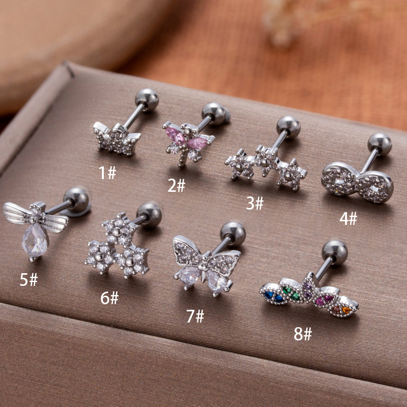 1 Piece Ear Cartilage Rings & Studs Vintage Style French Style Simple Style Crown Flower Butterfly 316 Stainless Steel  Copper Plating Inlay Zircon display picture 27