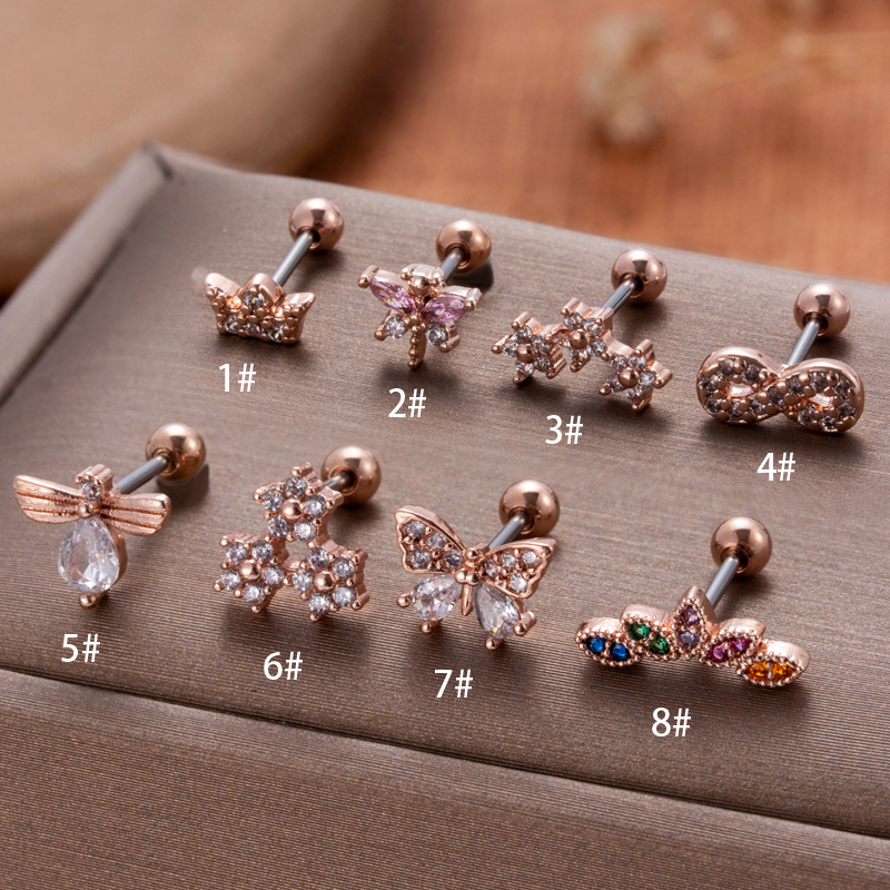 1 Piece Ear Cartilage Rings & Studs Vintage Style French Style Simple Style Crown Flower Butterfly 316 Stainless Steel  Copper Plating Inlay Zircon display picture 30