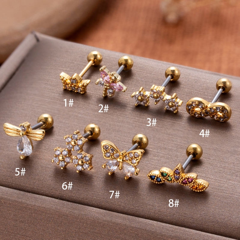 1 Piece Ear Cartilage Rings & Studs Vintage Style French Style Simple Style Crown Flower Butterfly 316 Stainless Steel  Copper Plating Inlay Zircon display picture 29