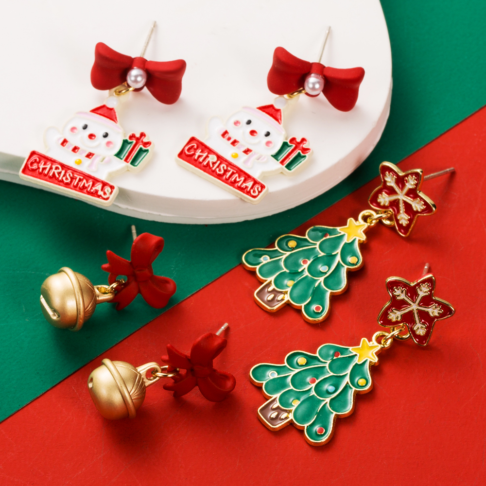 1 Pair Casual Cute Christmas Christmas Tree Bell Snowman Enamel Alloy Drop Earrings display picture 2