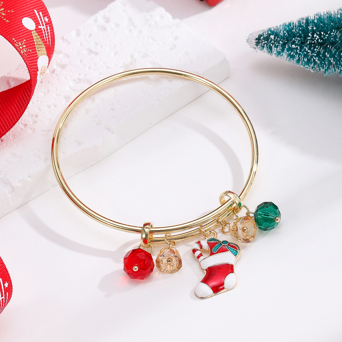 Casual Christmas Streetwear Christmas Tree Santa Claus Alloy Inlay Crystal Gold Plated Women's Bangle display picture 7