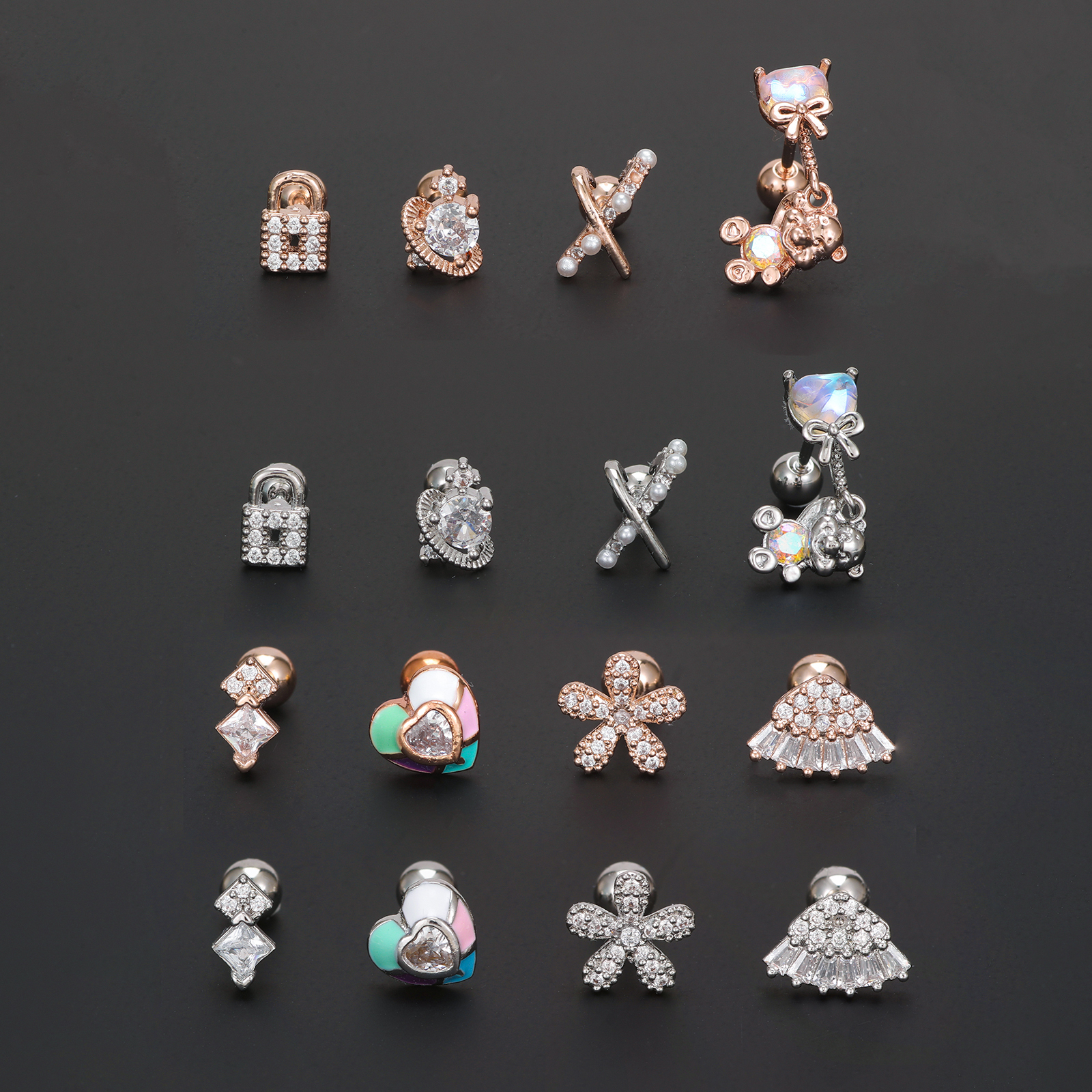 1 Piece Ig Style Simple Style Geometric Heart Shape Flower Plating Inlay Brass Zircon 18k Gold Plated White Gold Plated Ear Studs display picture 4