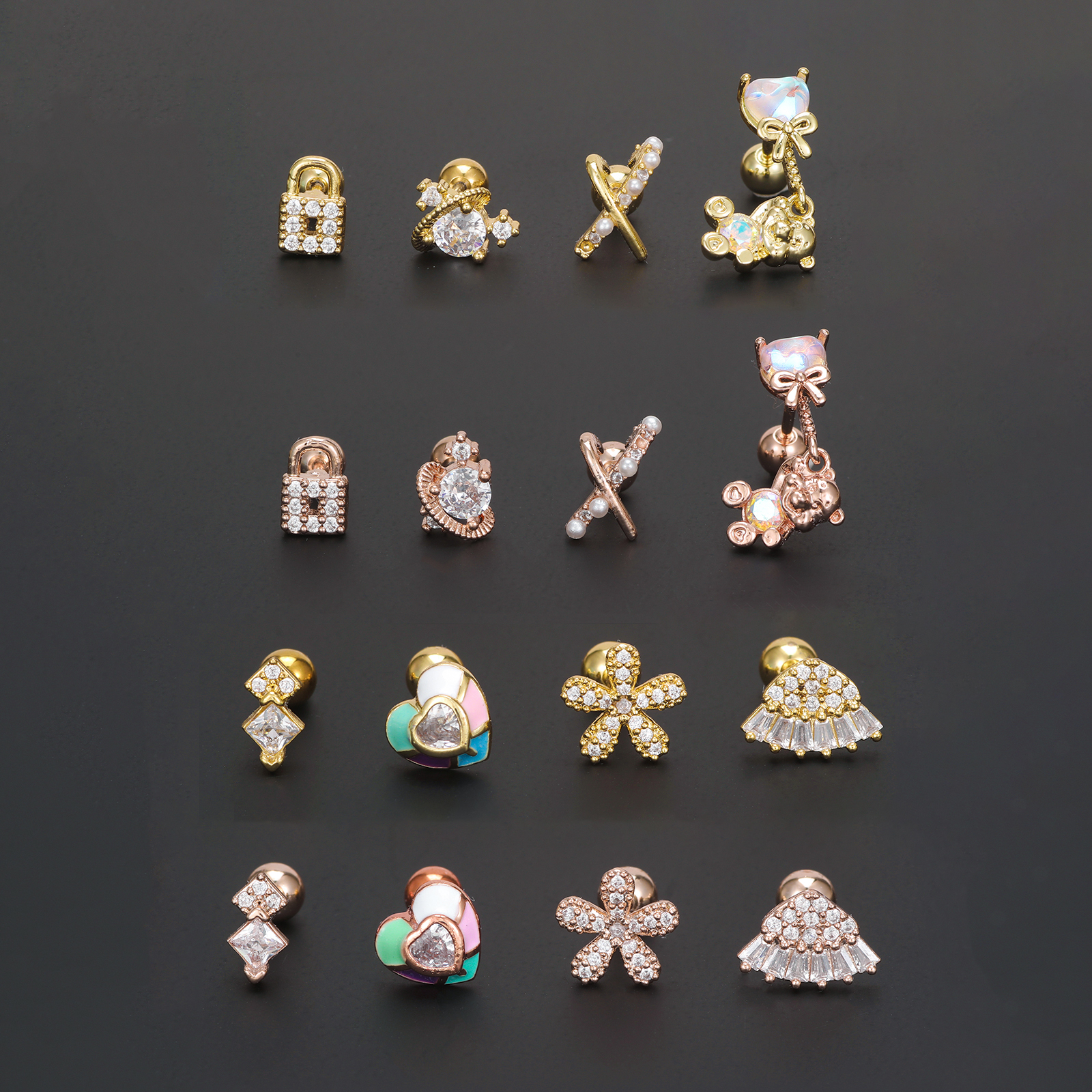 1 Piece Ig Style Simple Style Geometric Heart Shape Flower Plating Inlay Brass Zircon 18k Gold Plated White Gold Plated Ear Studs display picture 3