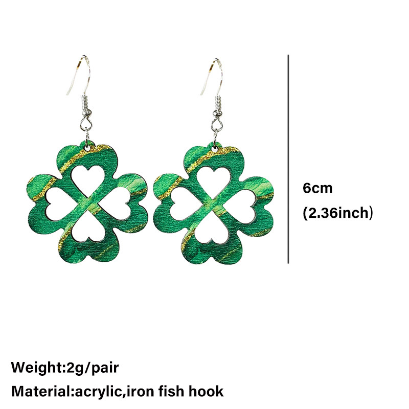 1 Pair Cute Four Leaf Clover Smiley Face Flower Wood Drop Earrings display picture 1