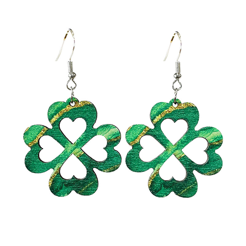 1 Pair Cute Four Leaf Clover Smiley Face Flower Wood Drop Earrings display picture 3