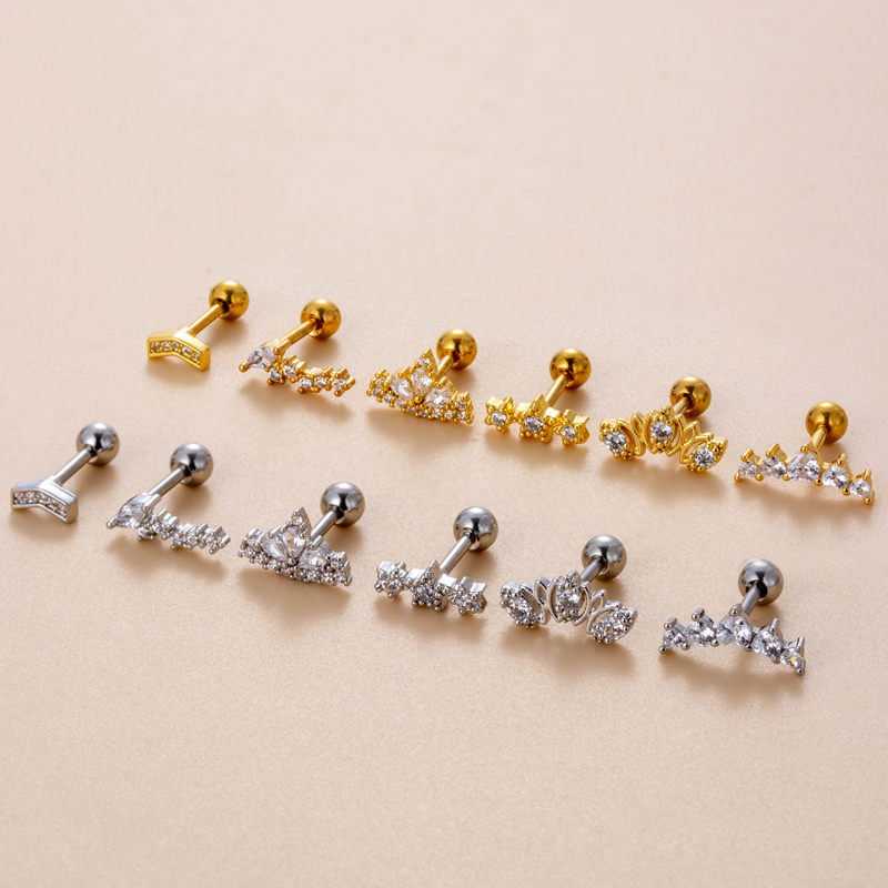 1 Piece Ear Cartilage Rings & Studs Sweet Heart Shape Crown 316 Stainless Steel  Copper Plating Inlay Zircon display picture 2