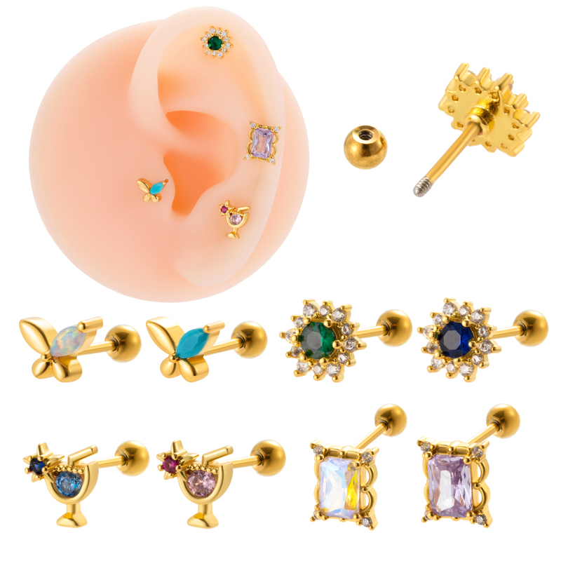 1 Piece Ear Cartilage Rings & Studs Sweet Flower Butterfly 316 Stainless Steel  Copper Plating Inlay Gem Zircon display picture 5