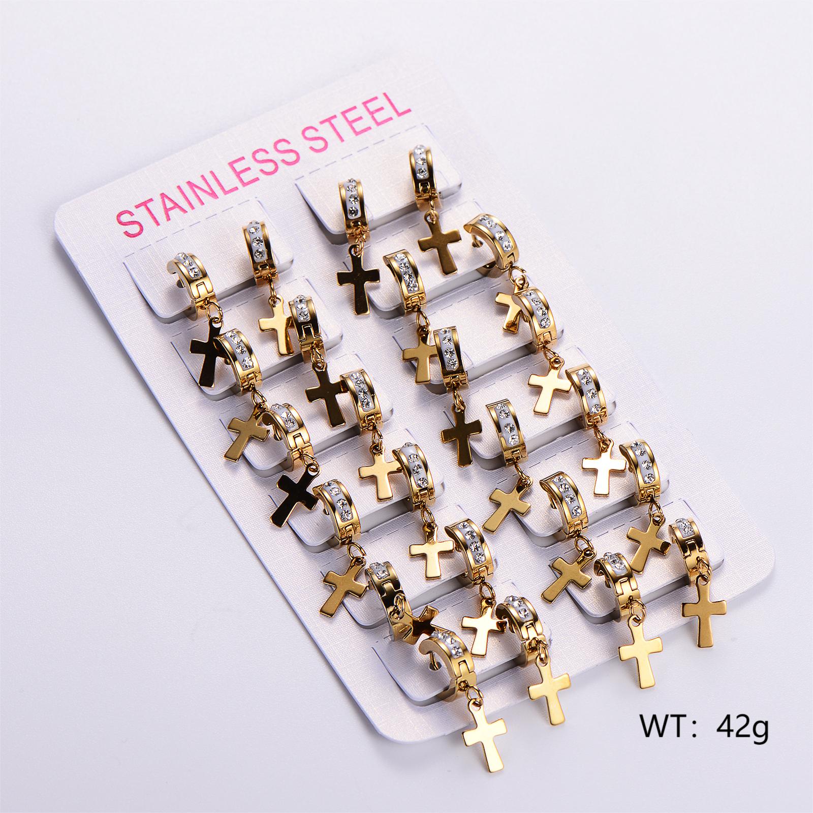 12 Pairs Casual Cross Plating Inlay Stainless Steel Zircon 18K Gold Plated Drop Earrings display picture 2