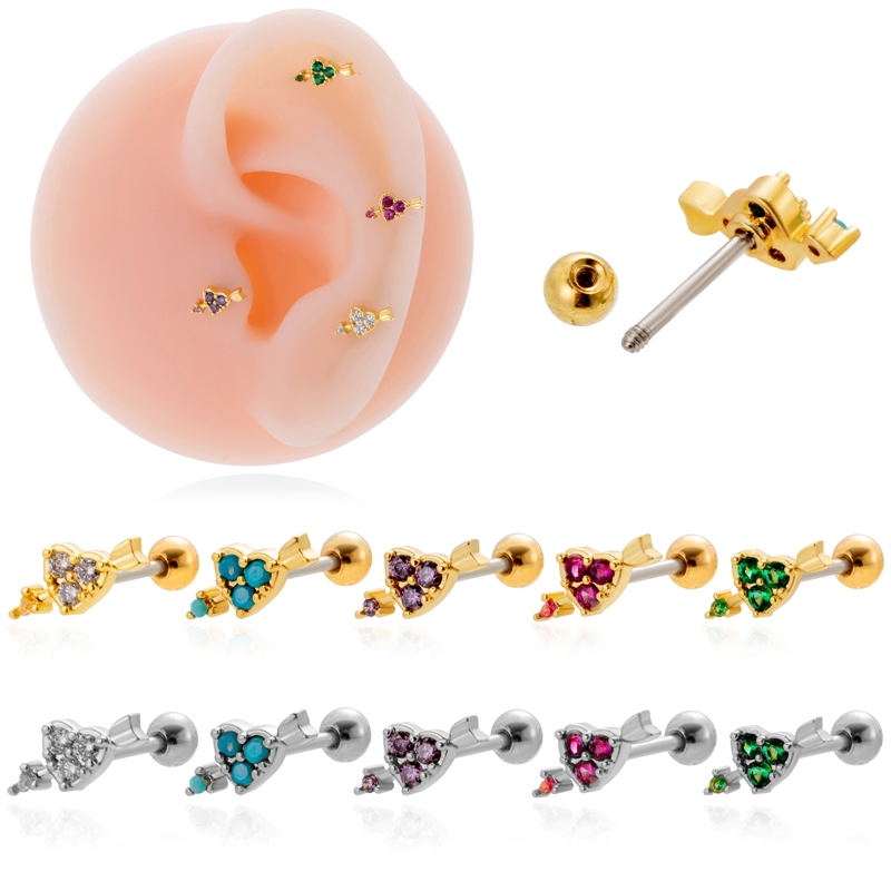 1 Piece Ear Cartilage Rings & Studs Sweet Heart Shape 316 Stainless Steel  Copper Plating Inlay Zircon display picture 1