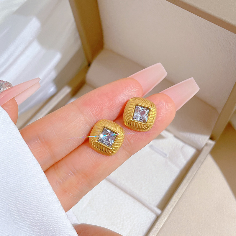 1 Piece Simple Style Classic Style Square Plating Inlay Titanium Steel Artificial Gemstones Ear Studs display picture 3