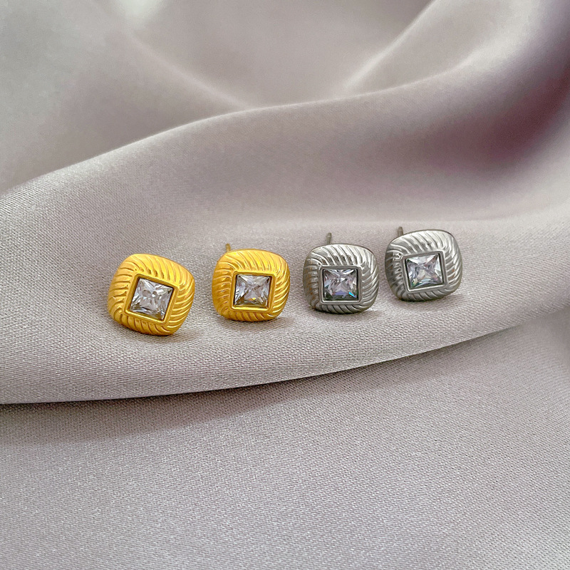 1 Piece Simple Style Classic Style Square Plating Inlay Titanium Steel Artificial Gemstones Ear Studs display picture 4
