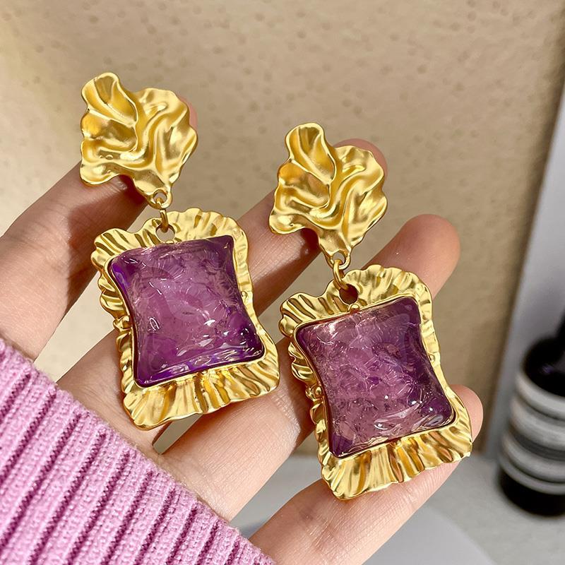 1 Pair Vintage Style Rectangle Plating Alloy Resin Drop Earrings display picture 2