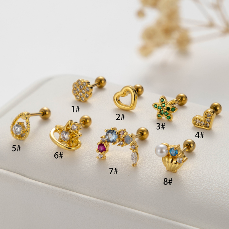 1 Piece Ear Cartilage Rings & Studs Vintage Style French Style Simple Style Leaves Water Droplets Heart Shape 316 Stainless Steel  Copper Plating Inlay Pearl Zircon display picture 19