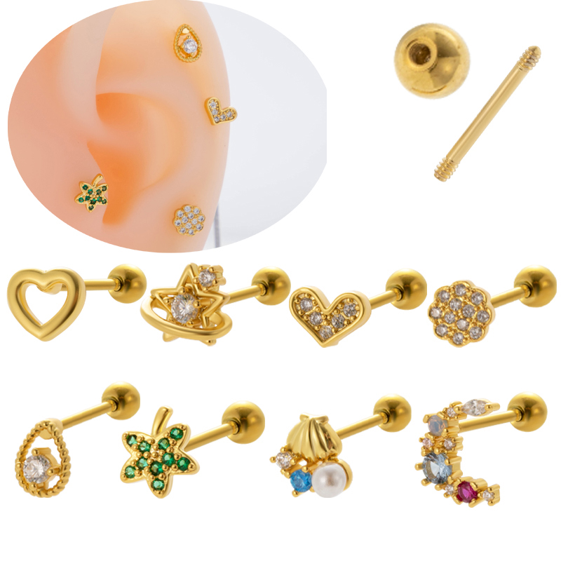 1 Piece Ear Cartilage Rings & Studs Vintage Style French Style Simple Style Leaves Water Droplets Heart Shape 316 Stainless Steel  Copper Plating Inlay Pearl Zircon display picture 17