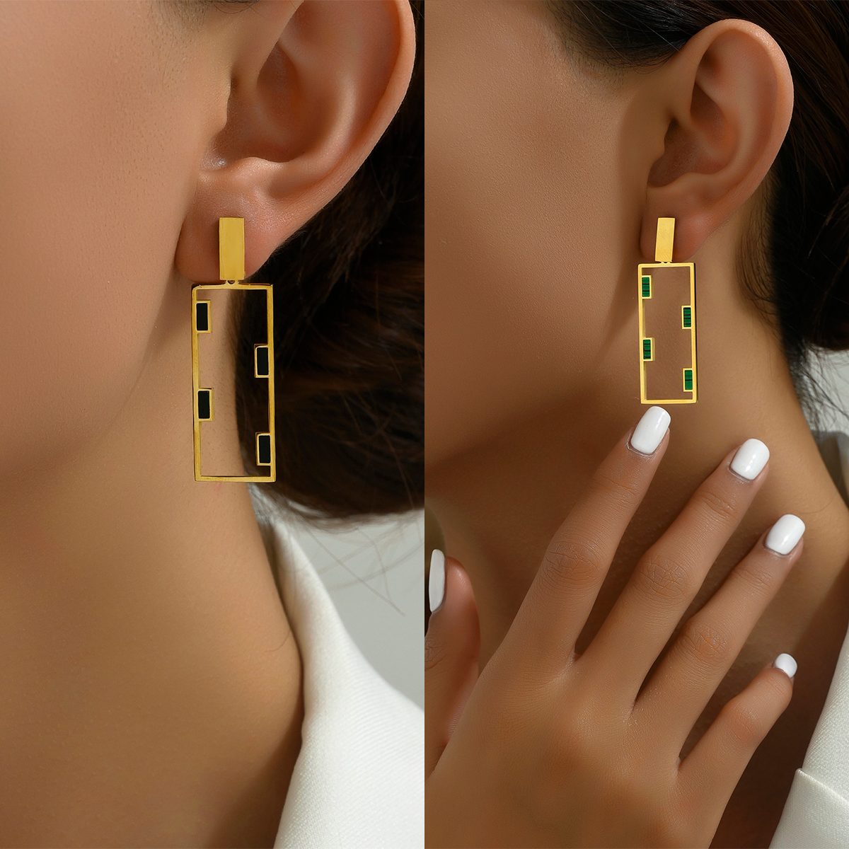 1 Pair Elegant Modern Style Commute Square Asymmetrical Plating 201 Stainless Steel Plastic 18K Gold Plated Drop Earrings display picture 12