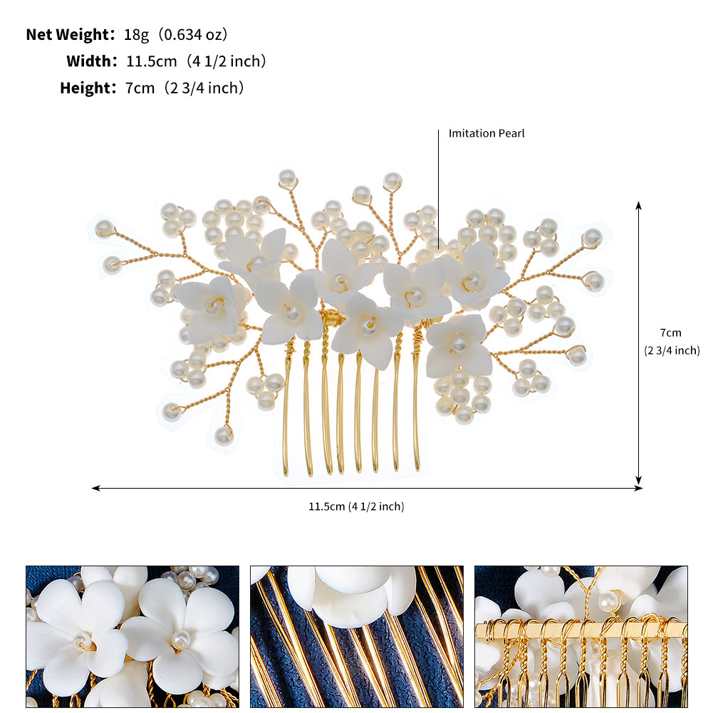 Chinoiserie Leaf Flower Metal Ceramics Pearl Insert Comb display picture 1