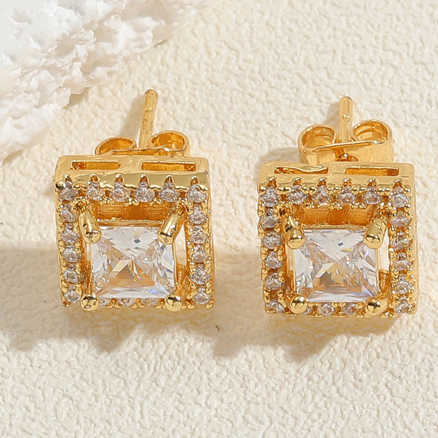 1 Pair Vintage Style Simple Style Square Plating Inlay Brass Zircon 14k Gold Plated Ear Studs display picture 5