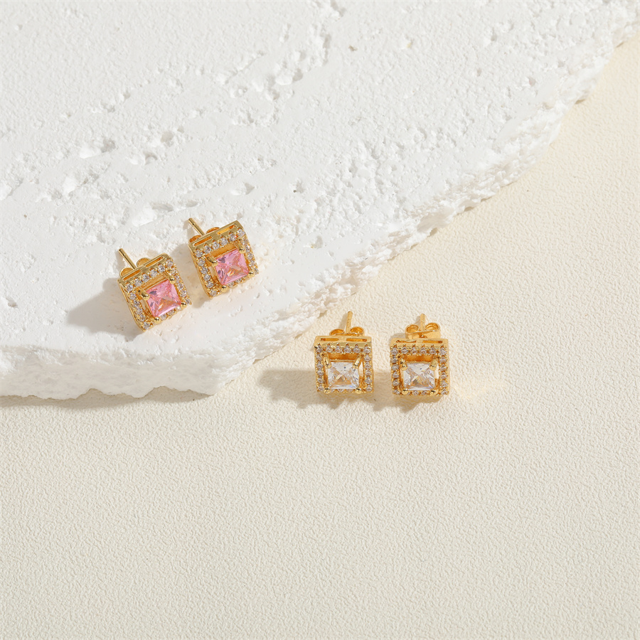 1 Pair Vintage Style Simple Style Square Plating Inlay Brass Zircon 14k Gold Plated Ear Studs display picture 2