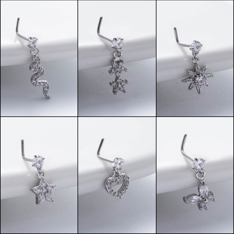 1 Piece Nose Rings & Studs Basic Classic Style Heart Shape Flower Butterfly 316L Stainless Steel  Copper Plating Inlay Zircon display picture 2