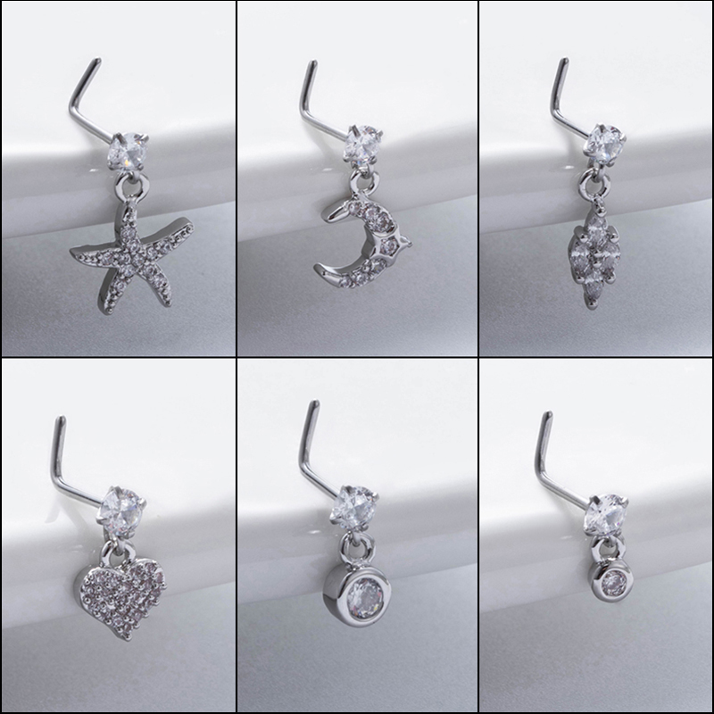 1 Piece Nose Rings & Studs Basic Classic Style Moon Starfish Heart Shape 316L Stainless Steel  Copper Plating Inlay Zircon display picture 2