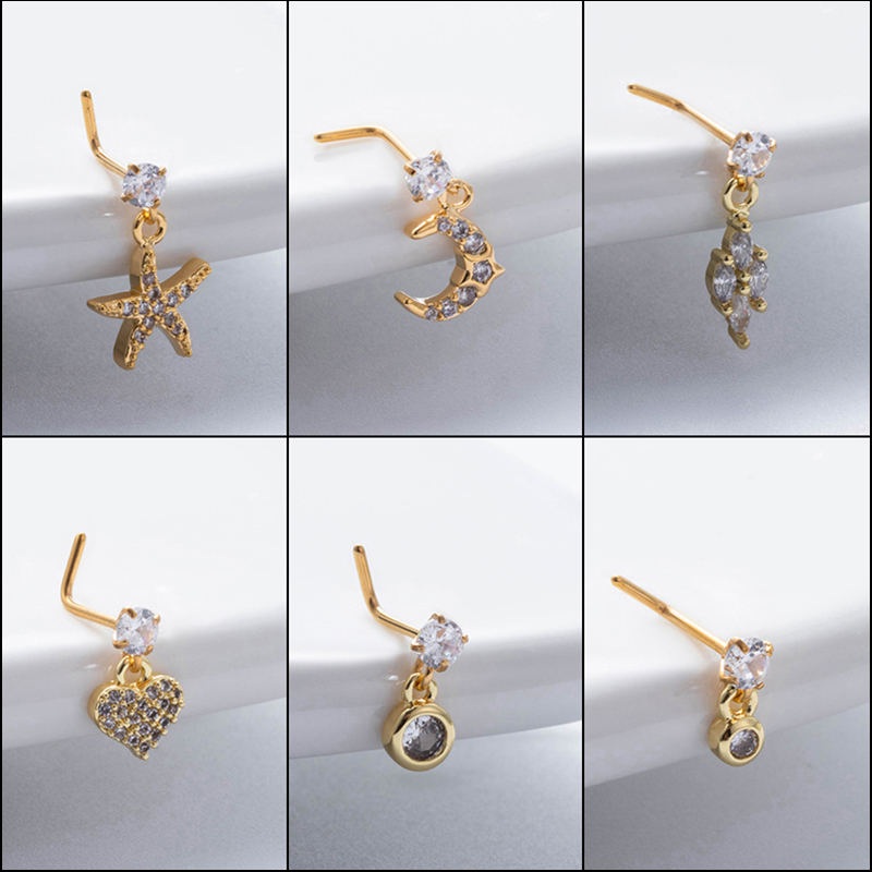 1 Piece Nose Rings & Studs Basic Classic Style Moon Starfish Heart Shape 316L Stainless Steel  Copper Plating Inlay Zircon display picture 1