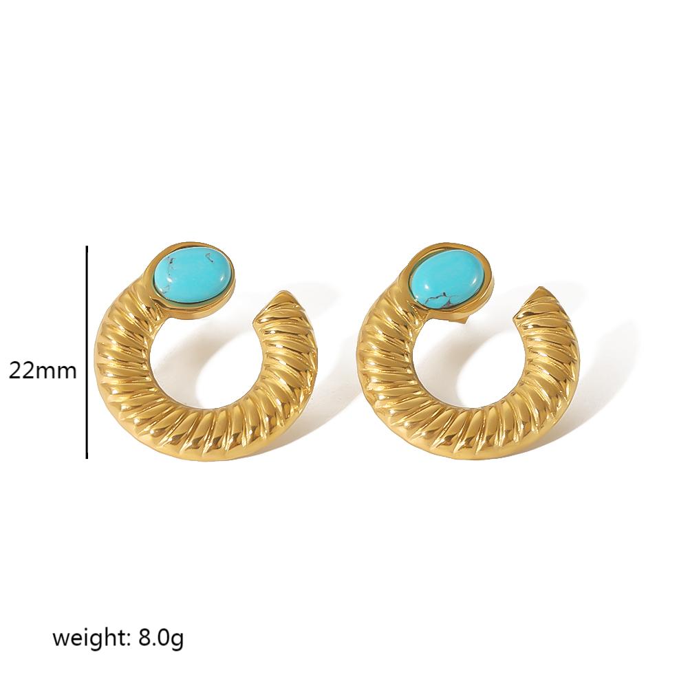 1 Pair Retro Round Polishing Plating Inlay 304 Stainless Steel Turquoise Earrings display picture 6