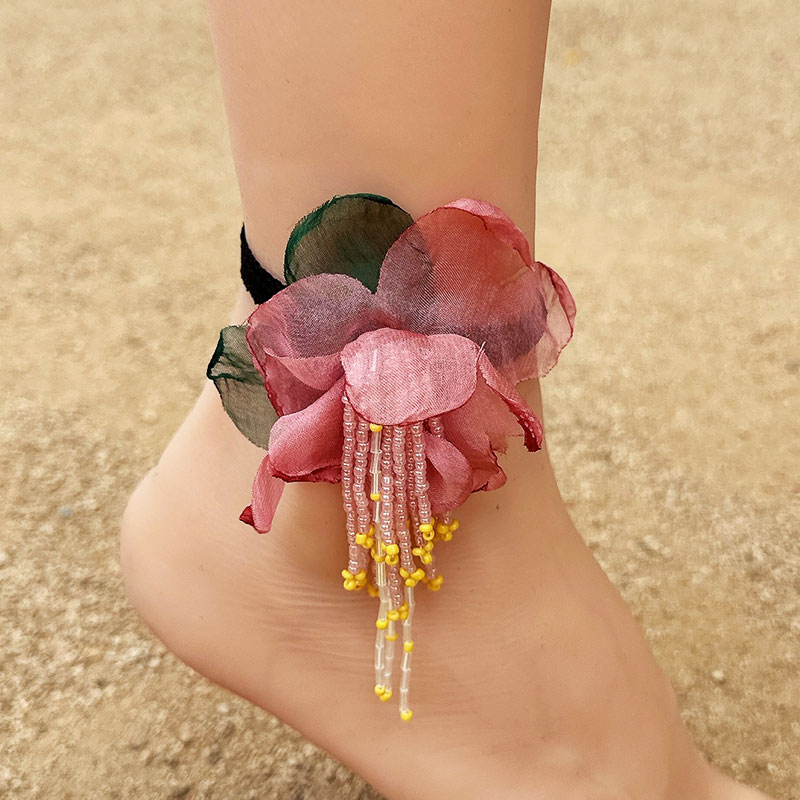 Vacation Bohemian Beach Flower Artificial Crystal Cloth Beaded Tassel Net Yarn Women's Anklet display picture 1