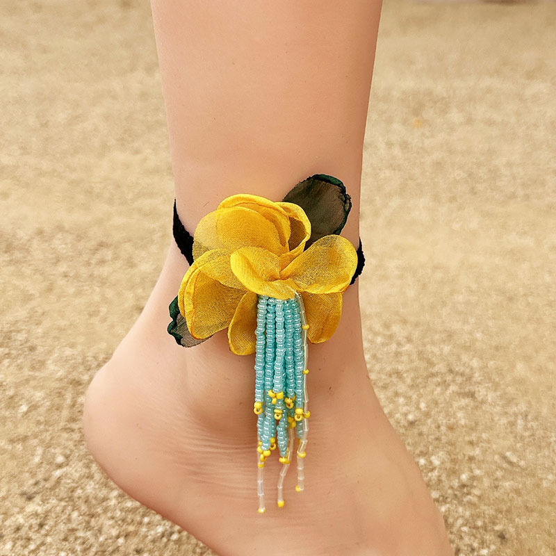 Vacation Bohemian Beach Flower Artificial Crystal Cloth Beaded Tassel Net Yarn Women's Anklet display picture 4