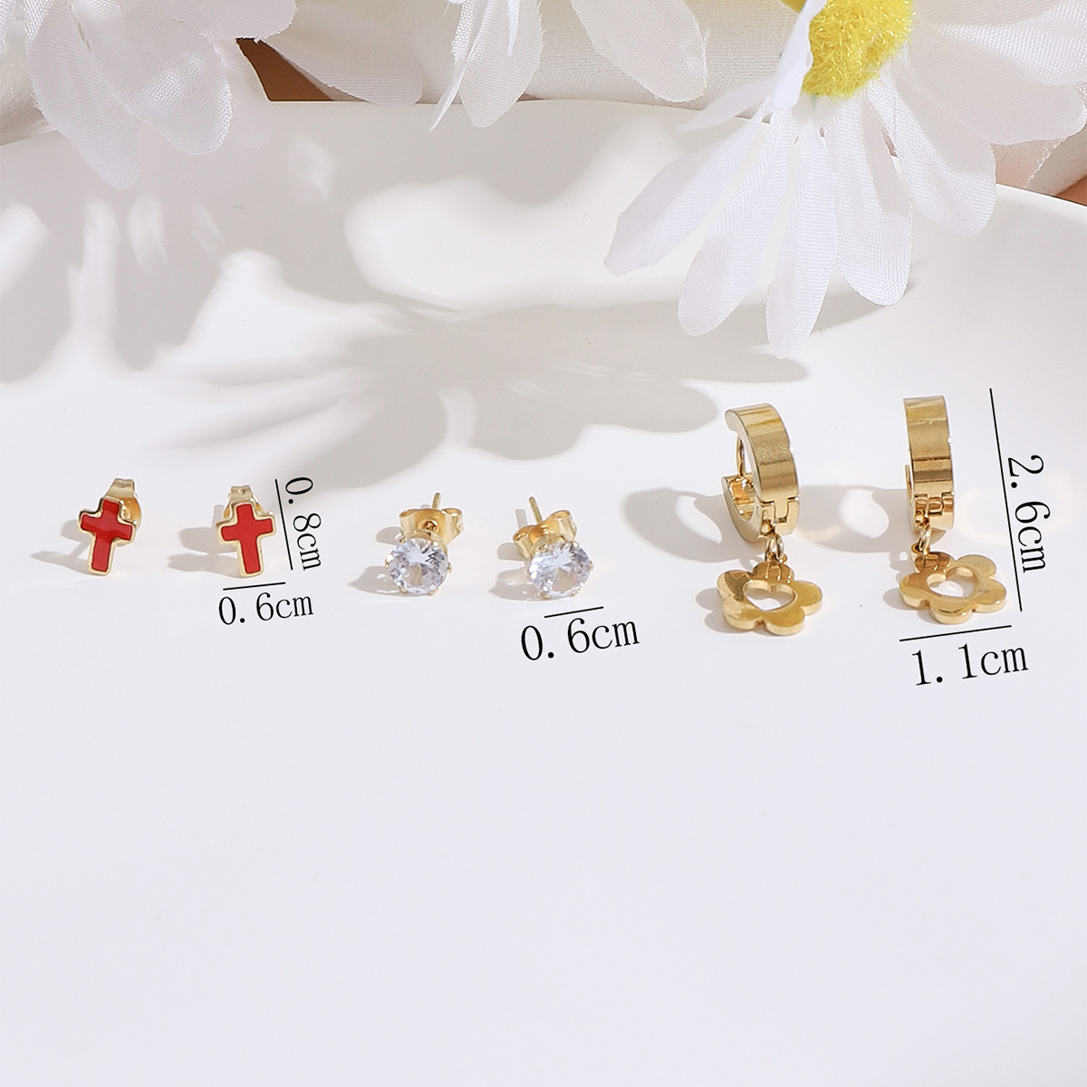 3 Pairs Ig Style Classic Style Commute Cross Plating Stainless Steel Imitation Diamond Gold Plated Drop Earrings display picture 4