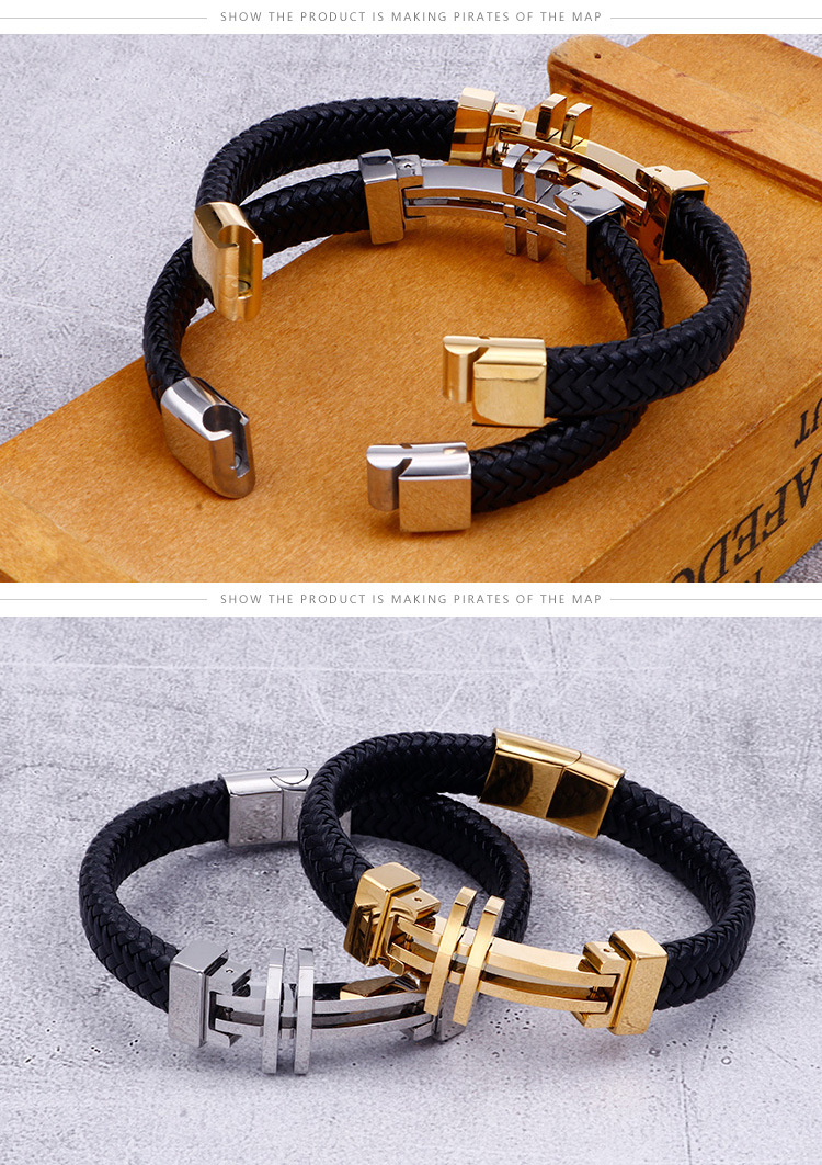 Vintage Style Punk Geometric Stainless Steel Pu Leather 18K Gold Plated Men's Bangle display picture 4