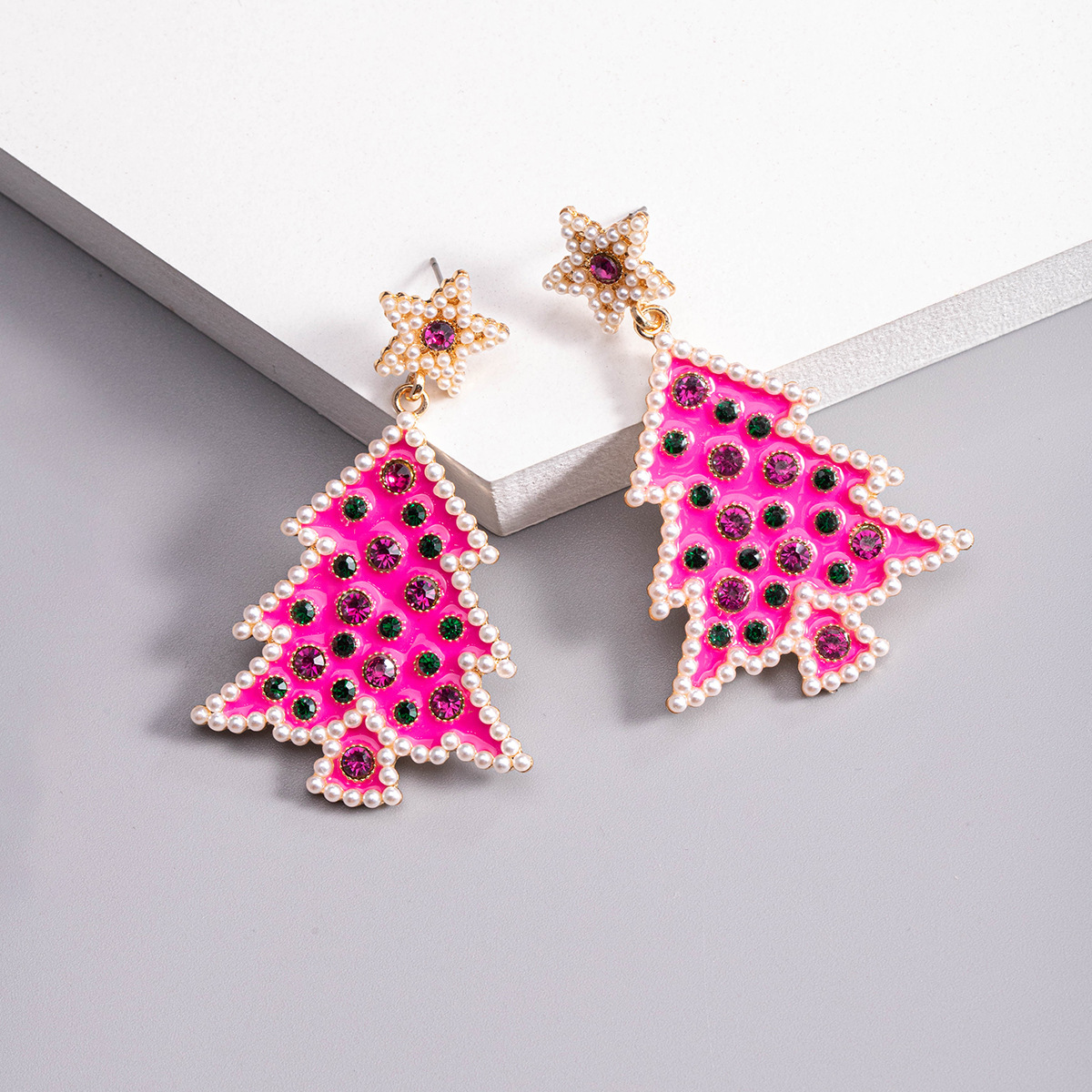 1 Piece Vintage Style Christmas Tree Enamel Plating Inlay Alloy Plastic Glass Glass Pearl Gold Plated Silver Plated Drop Earrings display picture 12