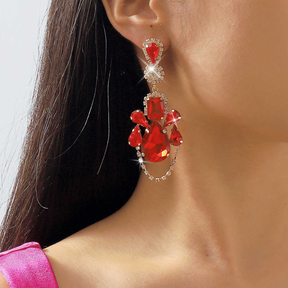 1 Pair Elegant Solid Color Inlay Alloy Artificial Gemstones Drop Earrings display picture 3