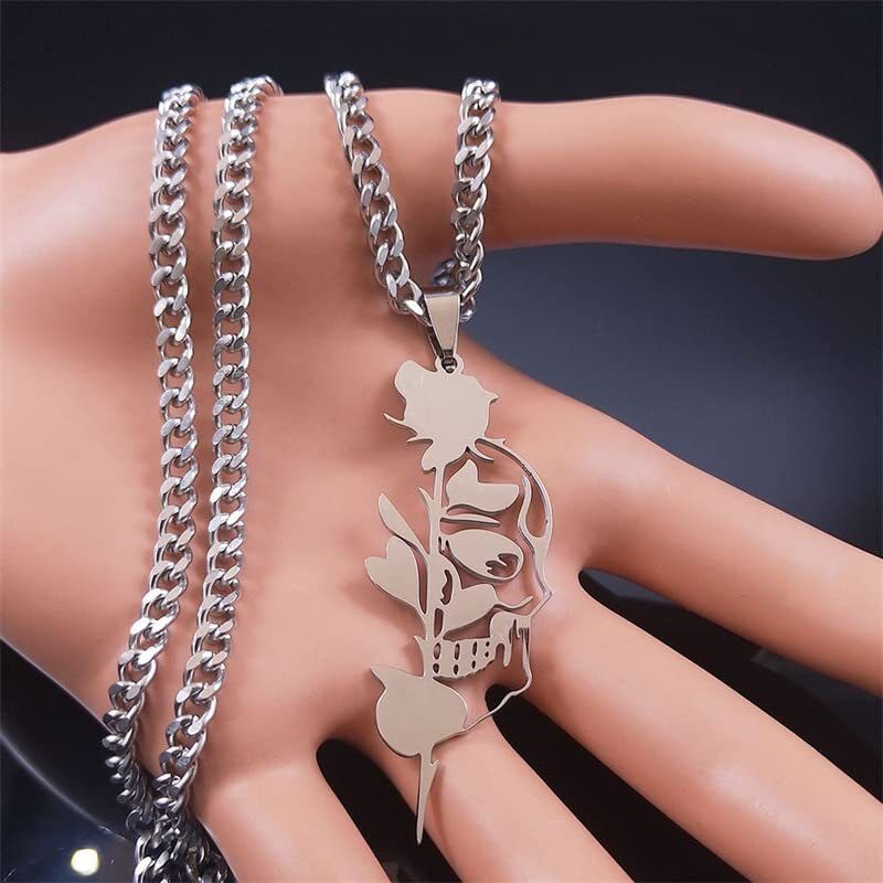 Vintage Style Punk Rose Skull Stainless Steel Halloween Unisex Pendant Necklace display picture 3