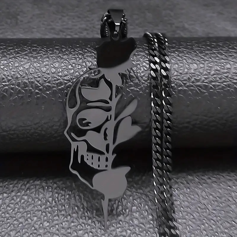 Vintage Style Punk Rose Skull Stainless Steel Halloween Unisex Pendant Necklace display picture 6