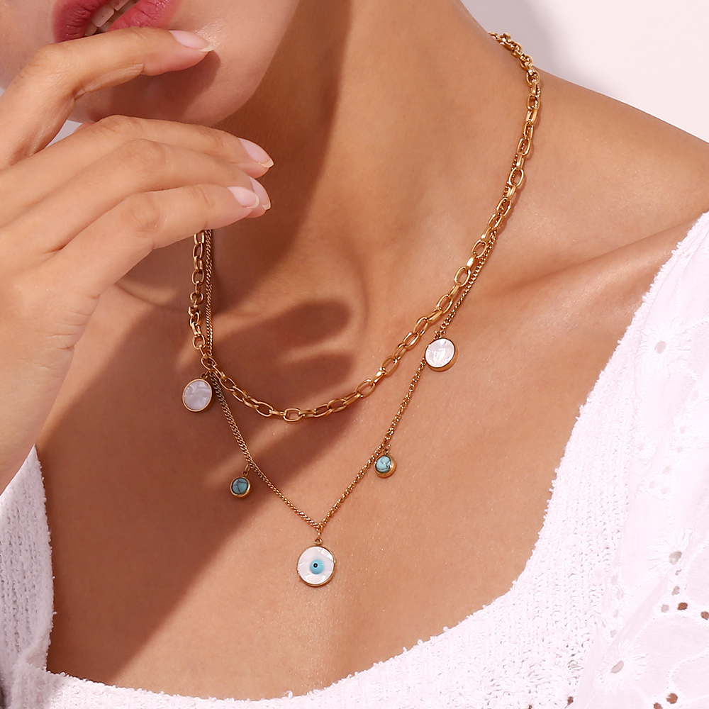 Basic Simple Style Classic Style Devil's Eye Stainless Steel Plating Inlay Turquoise 18k Gold Plated Double Layer Necklaces display picture 4