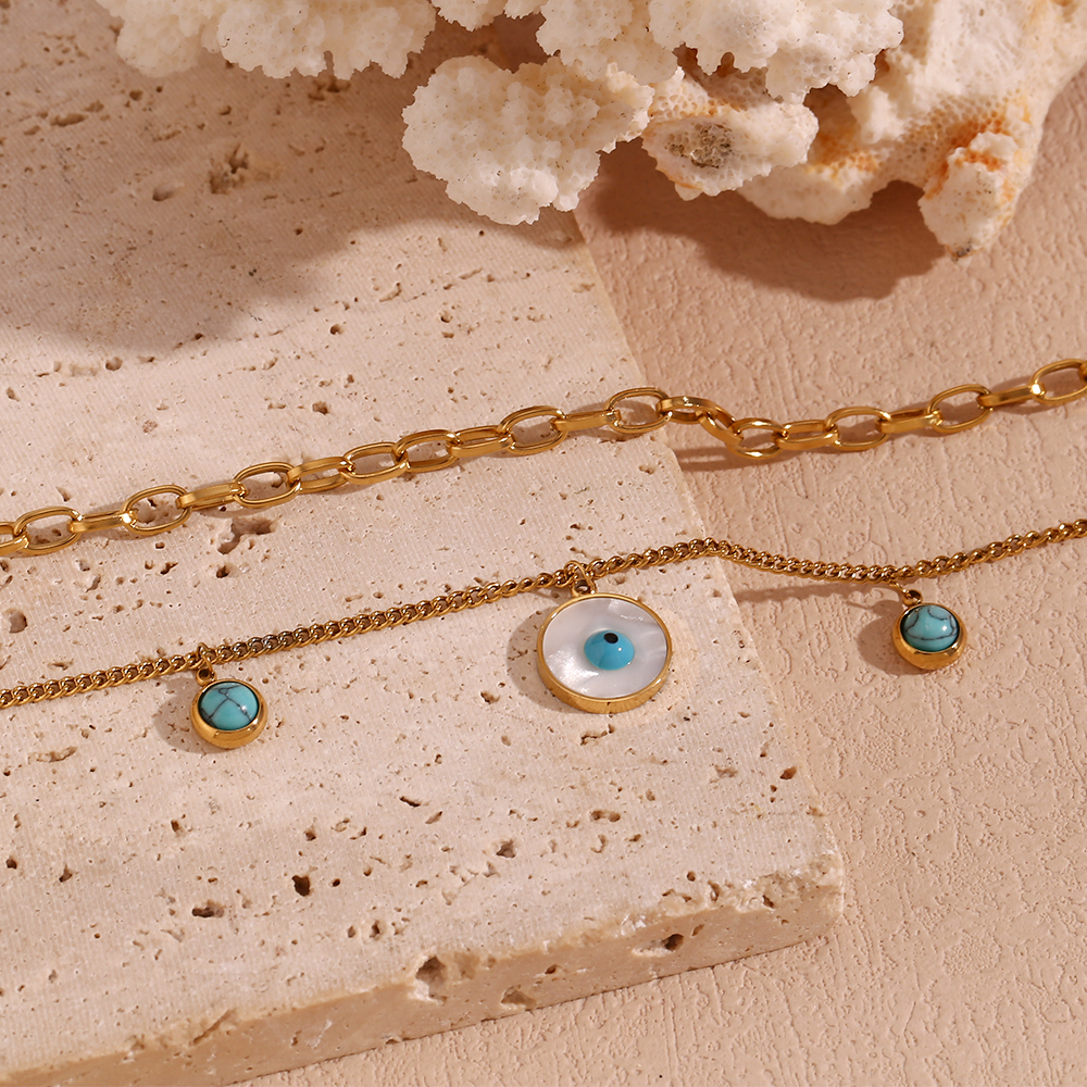 Basic Simple Style Classic Style Devil's Eye Stainless Steel Plating Inlay Turquoise 18k Gold Plated Double Layer Necklaces display picture 5