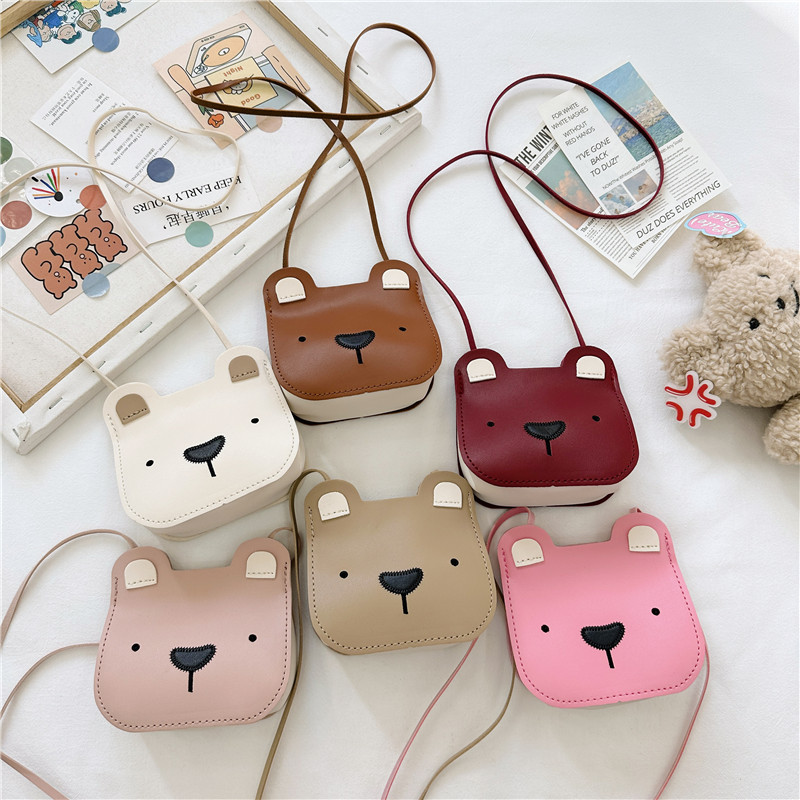 Kid's Pu Leather Little Bear Solid Color Cute Sewing Thread Square Open Shoulder Bag Crossbody Bag display picture 4