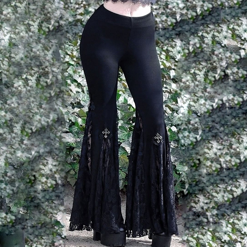 Women's Party Festival Sexy Dark Style Solid Color Full Length Lace Hollow Out Flared Pants display picture 5